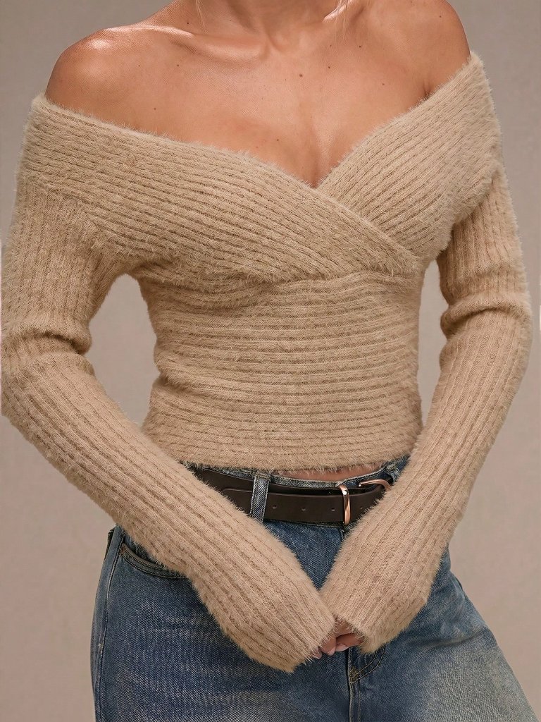 Khaki Casual Women's Off-Shoulder Long Sleeve Criss-Cross Sweater